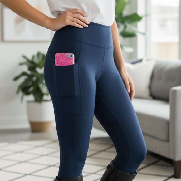 OS NEW Womens Navy Blue Pocket Leggings Buttery Soft Yoga Pants - Picture 4 of 16